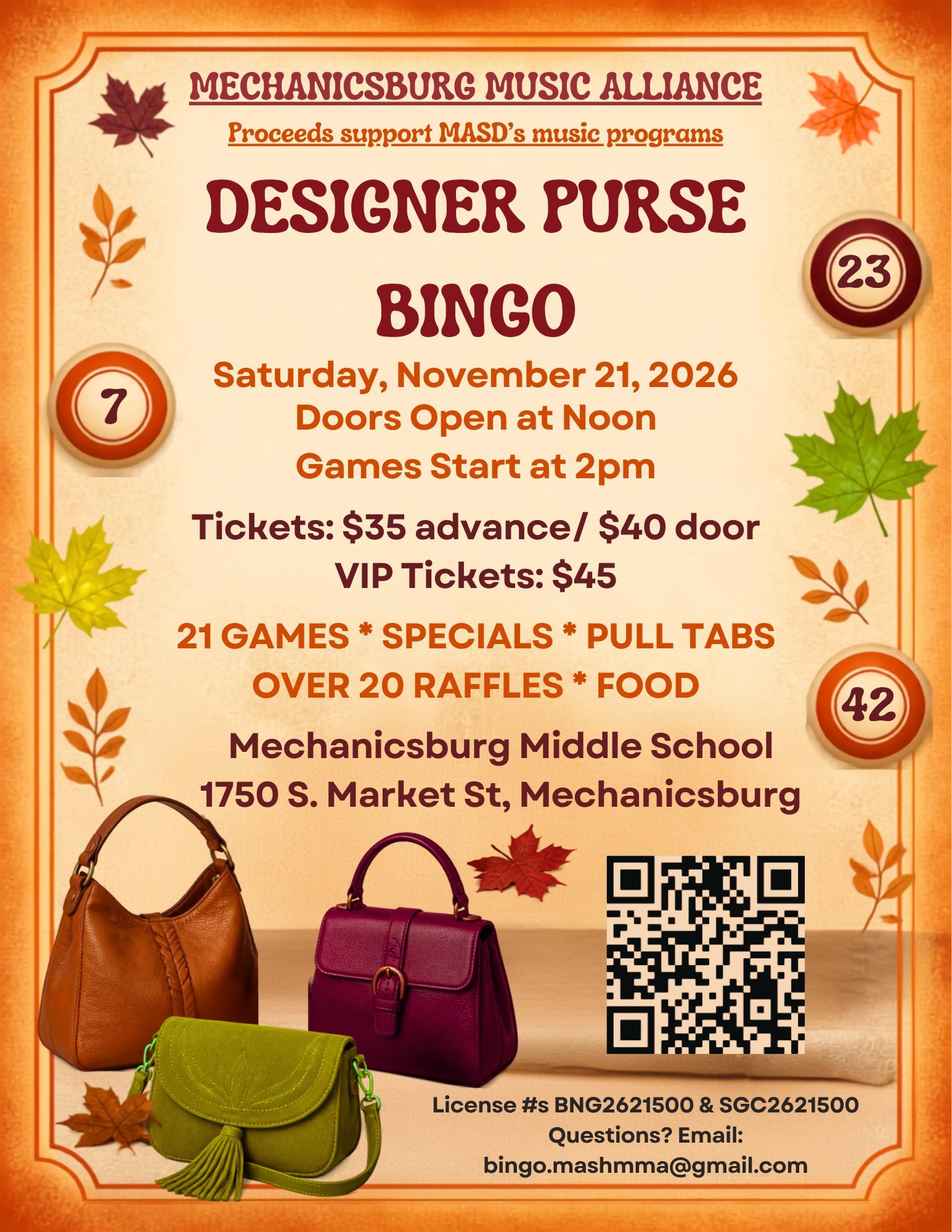 Designer Purse Bingo flyer: Saturday, November 21, 2026 at Mechanicsburg Middle School. Doors open at noon, games start at 2pm. Tickets $35 advance, $40 door, VIP $45.